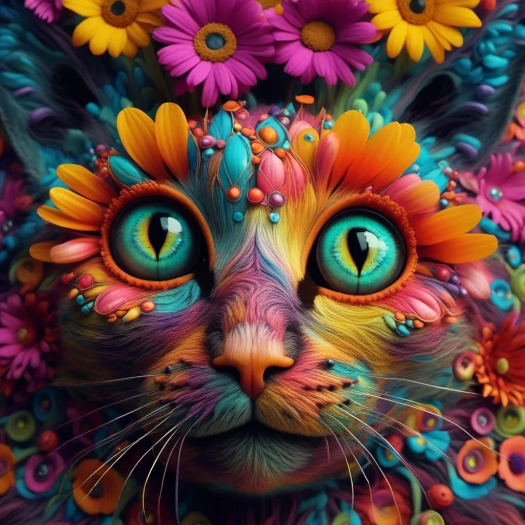 This is a picture of a cat. It is not a real cat, but a digital painting. The cat is very colorful, with bright green eyes and fur that is a rainbow of colors. There are flowers and other plants growing in the cat's fur, and it looks like the cat is in a field of flowers. The painting is very detailed, and the artist has used a lot of different colors to create a unique and eye-catching image.