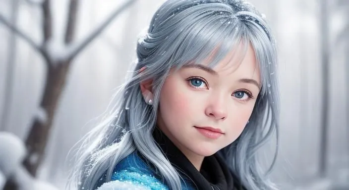 The little girl with long silver hair and blue eyes is standing in a snowy forest. She is wearing a blue and white coat, and her hair is covered in snowflakes. The girl's face is pale and her lips are slightly blue from the cold, but she is still smiling. She looks like a little snow princess.