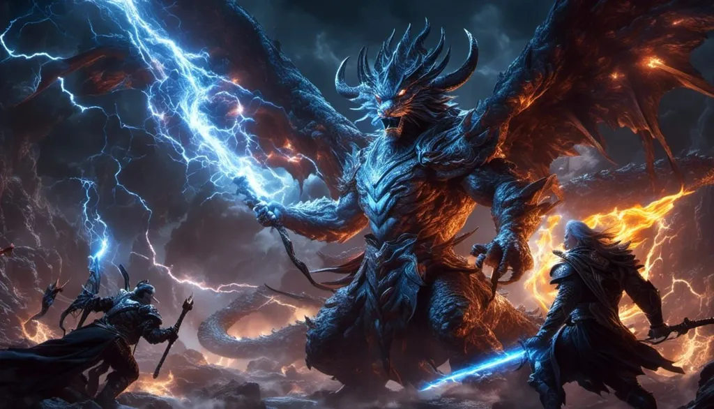 The image is a fantasy scene of a battle between a blue dragon and two human warriors. The dragon is breathing lightning at one of the warriors while the other warrior is about to strike the dragon with his sword. The background is a dark and stormy sky with lightning bolts flashing in the distance.