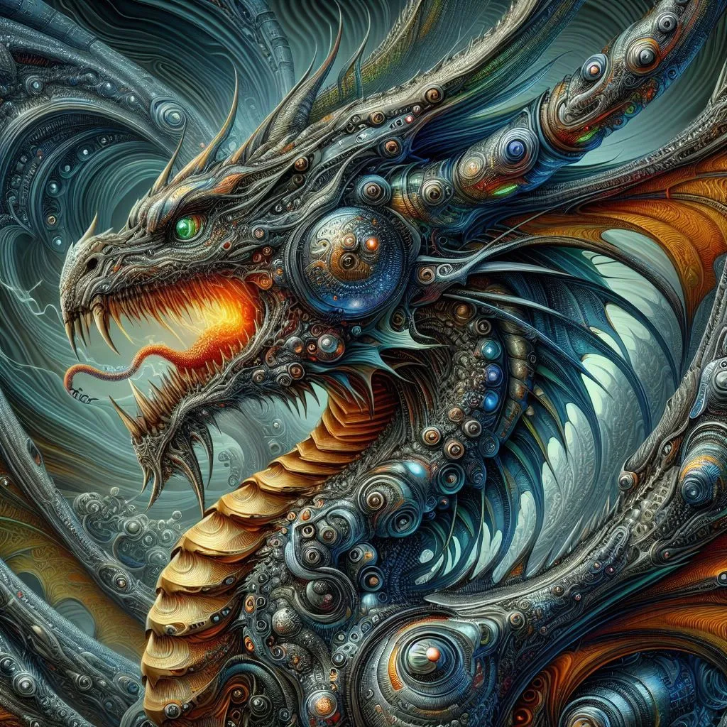 The image is a depiction of a dragon. The dragon is depicted as a large, winged creature with a long, serpentine body. It has a metallic appearance, with its scales resembling cogs and gears. The dragon's eyes are depicted as glowing green orbs, and its mouth is open,露出锋利的牙齿. The dragon is depicted against a dark background, with a stormy sky.