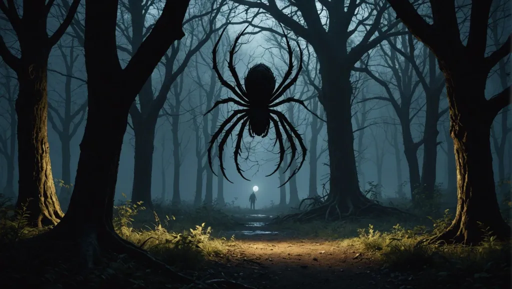 The full moon shines through the dark forest. A giant spider is in the middle of the path. Its long legs are covered in sharp spikes. The spider's eyes are red and glowing. A brave adventurer stands at the end of the path, holding a torch. The adventurer is scared, but they know they must defeat the spider to save the kingdom.