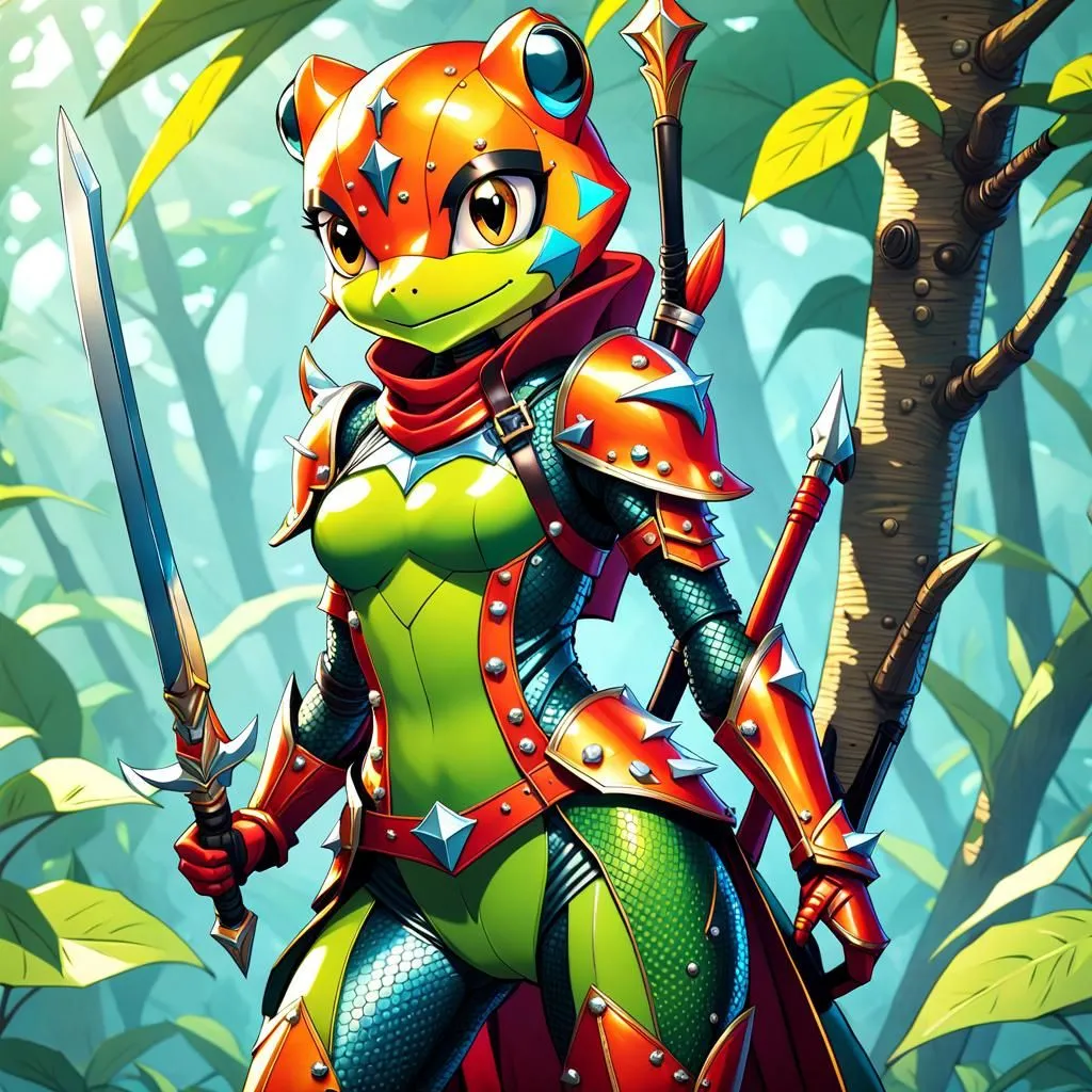 This image depicts a female frog anthro with orange and green armor. She is standing in a lush forest, holding a sword in her right hand and a shield in her left hand. She is wearing a red scarf around her neck and has a determined expression on her face.