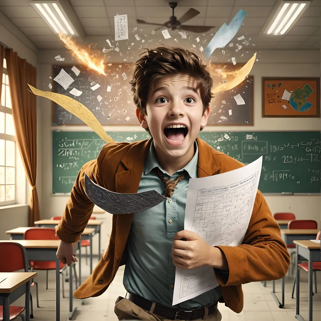 A young boy is running in a classroom, holding a test paper. He looks excited and happy. Papers are flying around him. The boy is wearing a brown jacket, white shirt, and khaki pants. The classroom is empty, except for the boy. The desks are arranged in rows, and there is a chalkboard at the front of the room.