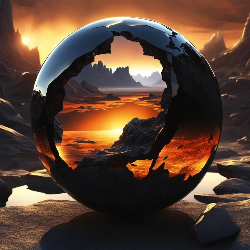 molten🌋 lava sphere with a🌅 sunset inside.