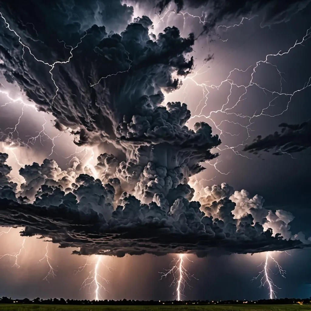 A dark and stormy night. The sky is filled with thick, black clouds that seem to be rolling in from all directions. The lightning is almost continuous, and the thunder is deafening. The rain is coming down in sheets, and the wind is howling like a banshee. It is a truly terrifying sight.