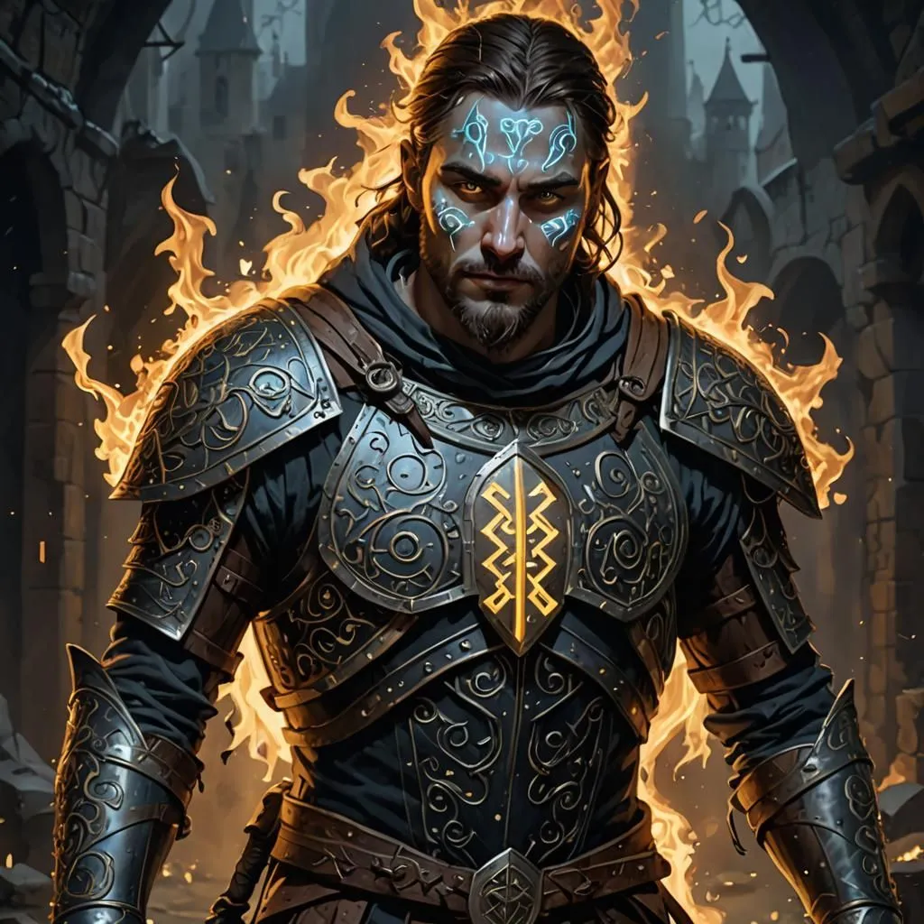 This is a picture of a warrior. He is wearing a suit of armor and has a sword in his hand. He is standing in a dark place, with flames rising up around him. The warrior has a determined look on his face, and it is clear that he is ready for battle.