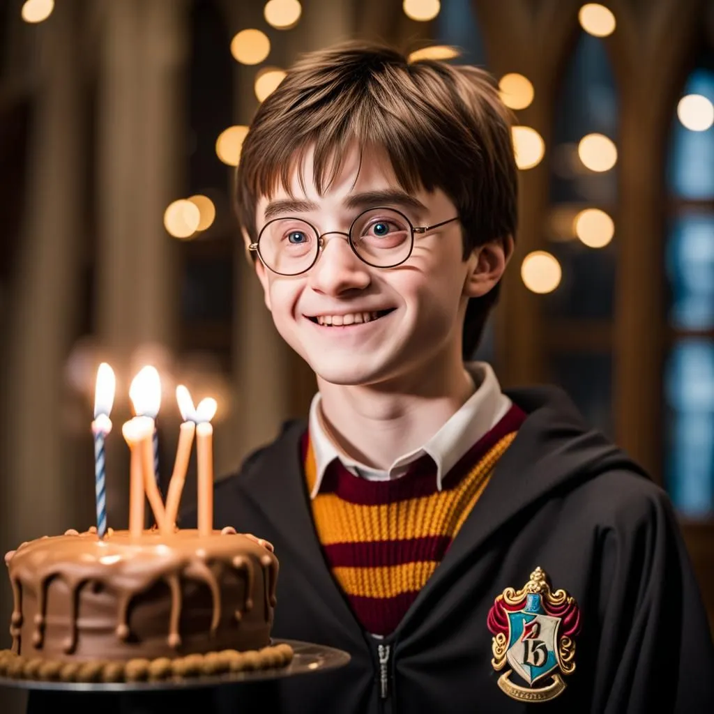 This is a picture of Harry Potter, a fictional character in a series of fantasy novels written by J. K. Rowling. Harry Potter is a young wizard who attends Hogwarts School of Witchcraft and Wizardry. He is an orphan who was raised by his aunt, uncle, and cousin, the Dursleys. Harry is a kind and courageous boy who is always willing to help others. He is also a talented wizard who is skilled in magic. In this picture, Harry is celebrating his birthday. He is surrounded by his friends and family, and he is happily blowing out the candles on his cake.