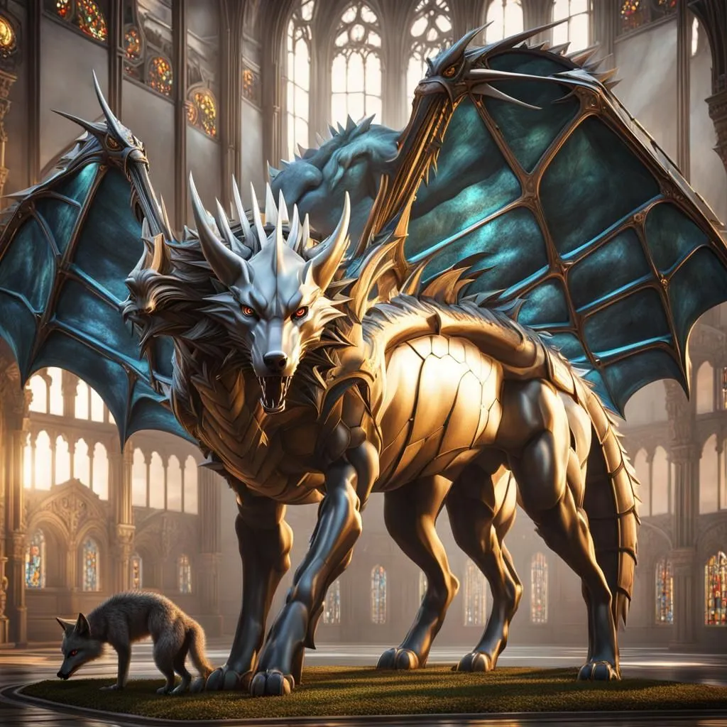 The image is of a large, silver-furred wolf-like creature with three heads and a pair of feathered wings. It is standing in a grand hall, with a smaller, normal-looking wolf standing in front of it. The wolf-creature is growling at the smaller wolf, its teeth bared. The smaller wolf looks up at the larger one, its eyes wide with fear.