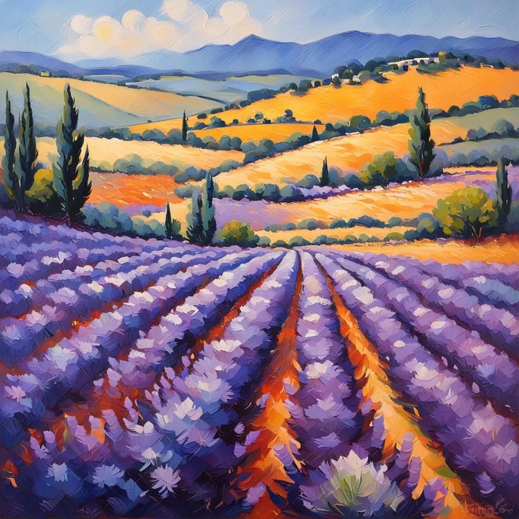 This is a painting of a lavender field. The lavender is in full bloom and the colors are vibrant. The field is surrounded by trees and there are mountains in the distance. The sky is blue and there are some clouds. The painting is done in a loose style and the brushstrokes are visible.