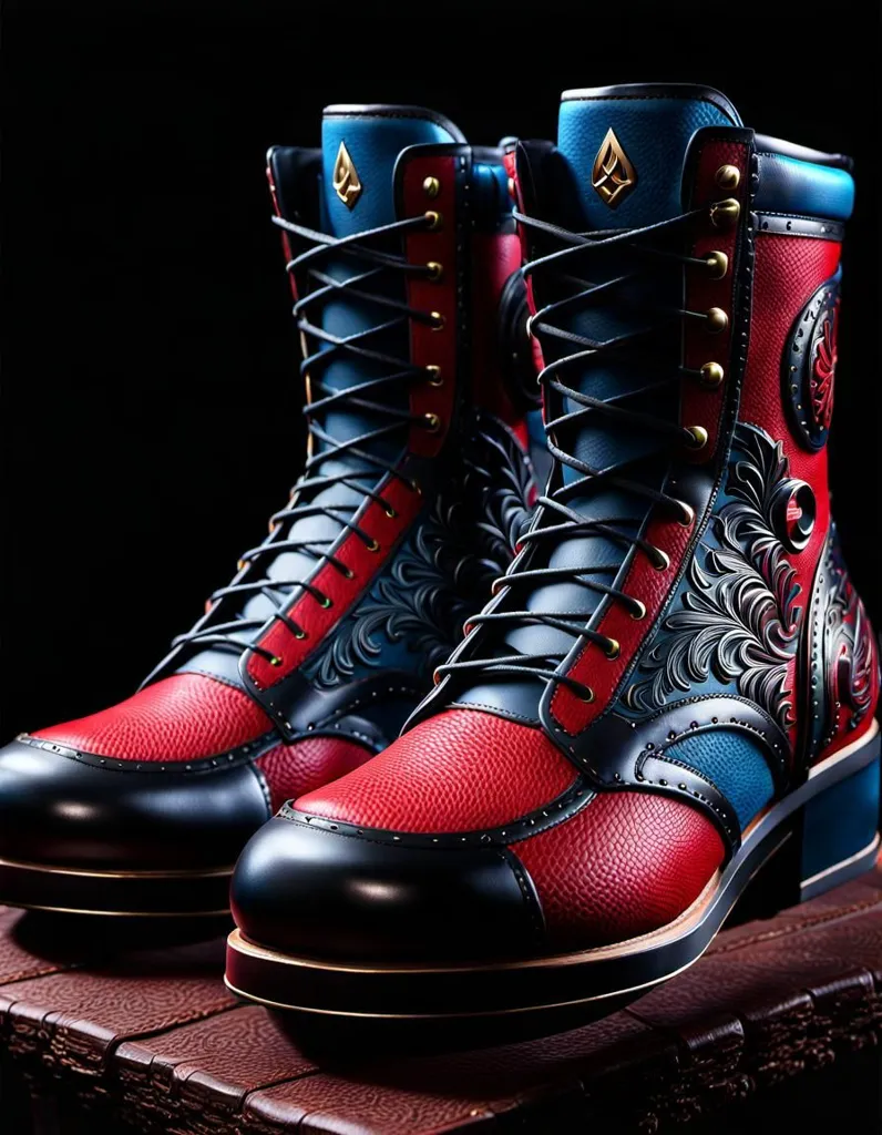 The image is a pair of red and blue leather boots with intricate floral and leaf designs. The boots are high-heeled and have gold buckles. The background is black and the boots are sitting on a brown wooden surface.