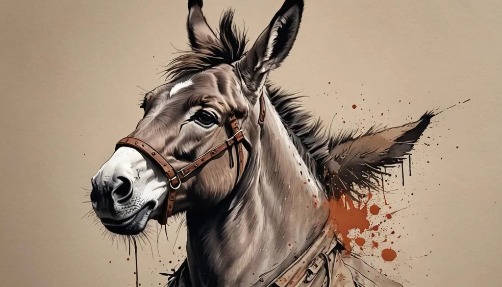 A painting of a donkey. The donkey is facing the viewer with a slight smile on its face. It has a bridle on and there are paint splatters around its head. The background is a light brown color.