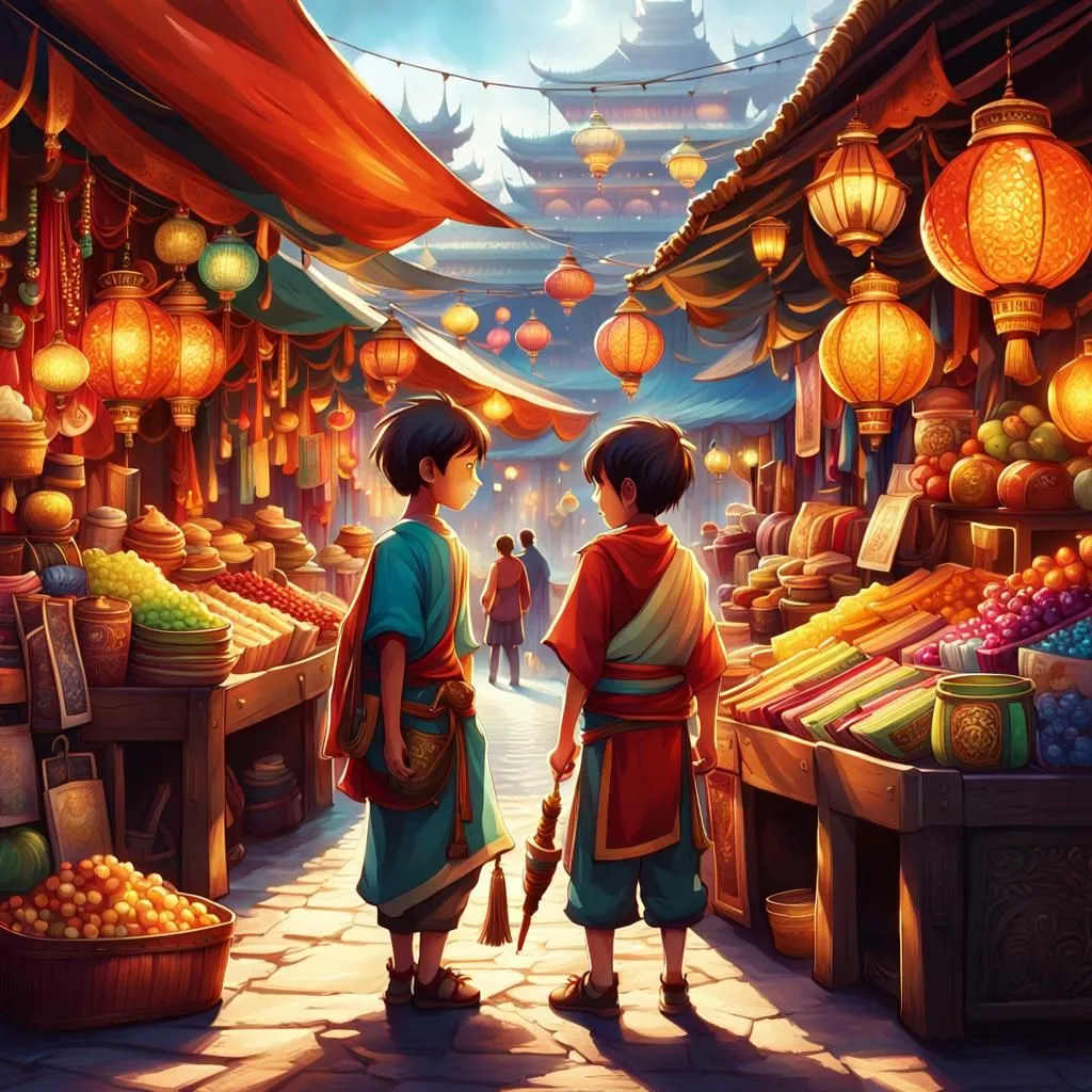 The image is set in a Chinese market. There are two boys in the center of the image. They are both wearing traditional Chinese clothing. The boy on the left is wearing a blue shirt and the boy on the right is wearing a red shirt. There are many stalls in the market selling various goods. There are also many people walking around and shopping. The market is decorated with red lanterns and there are many colorful banners hanging from the stalls. The image is very lively and bustling.