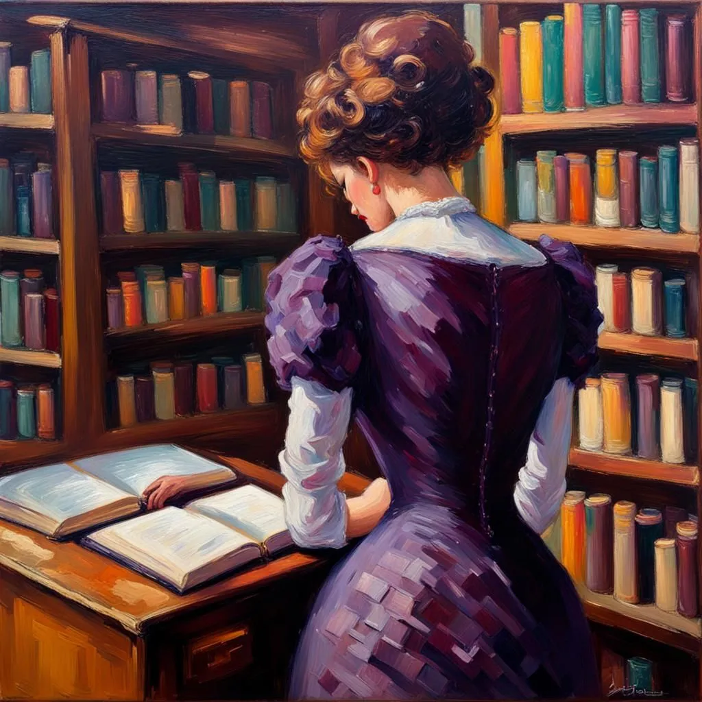 The painting depicts a woman in a purple dress reading a book in a library. She is standing, with one hand resting on the book and the other holding the pages open. The woman is wearing a white blouse with a high collar. Her hair is dark brown and pulled back in a bun. The library is filled with bookshelves and a large wooden desk. The painting is done in a realistic style and the colors are muted and落ち着いた.