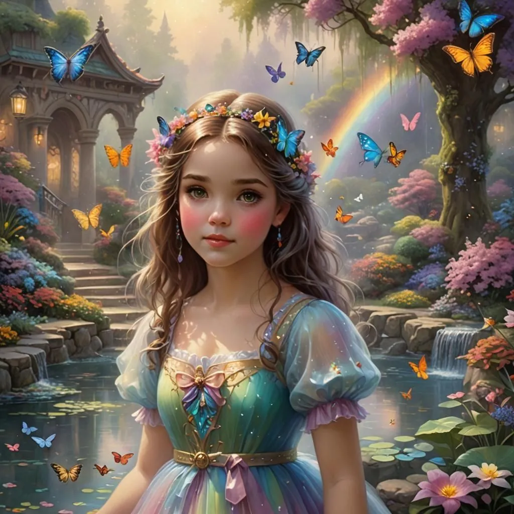 cute girl, princess of butterflies, water gardens, rainbow blossoms