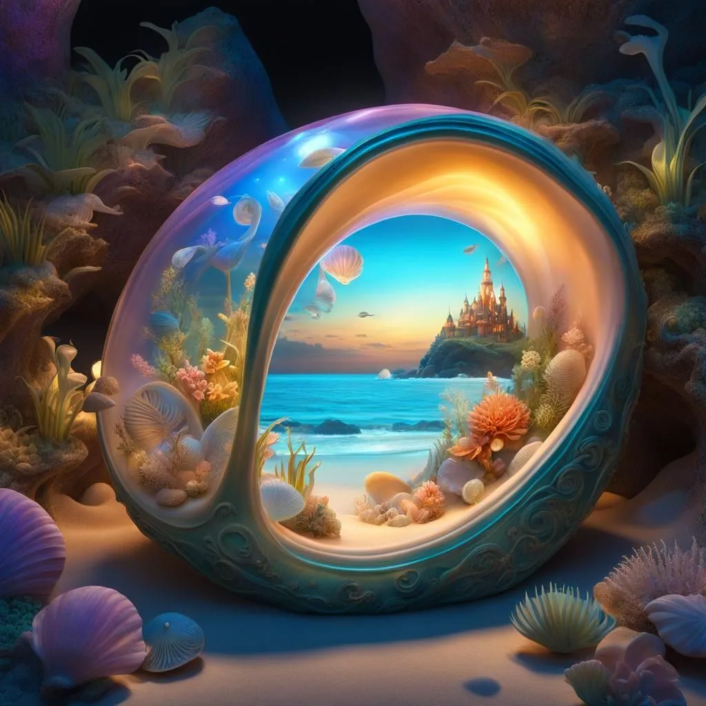 The image is a beautiful seascape. A large, glowing seashell sits on the ocean floor, filled with water and all sorts of marine life. The shell is open, and the viewer can see a coral reef inside, complete with fish, plants, and other sea creatures. The water is a deep blue color, and the light from the shell illuminates the reef, creating a magical scene.