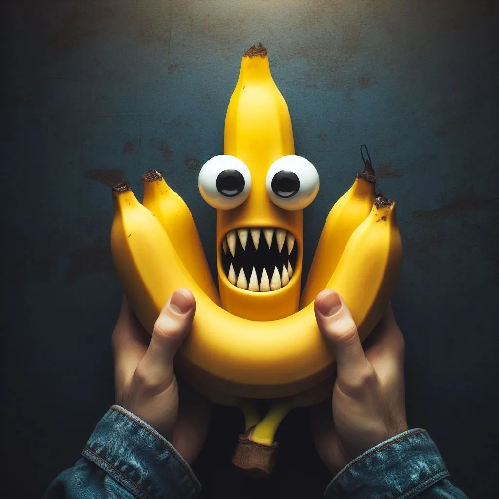 The image shows a bunch of bananas. The bunch is held in a person's hands. The bananas have googly eyes and a mouth full of sharp teeth. The background is dark blue.