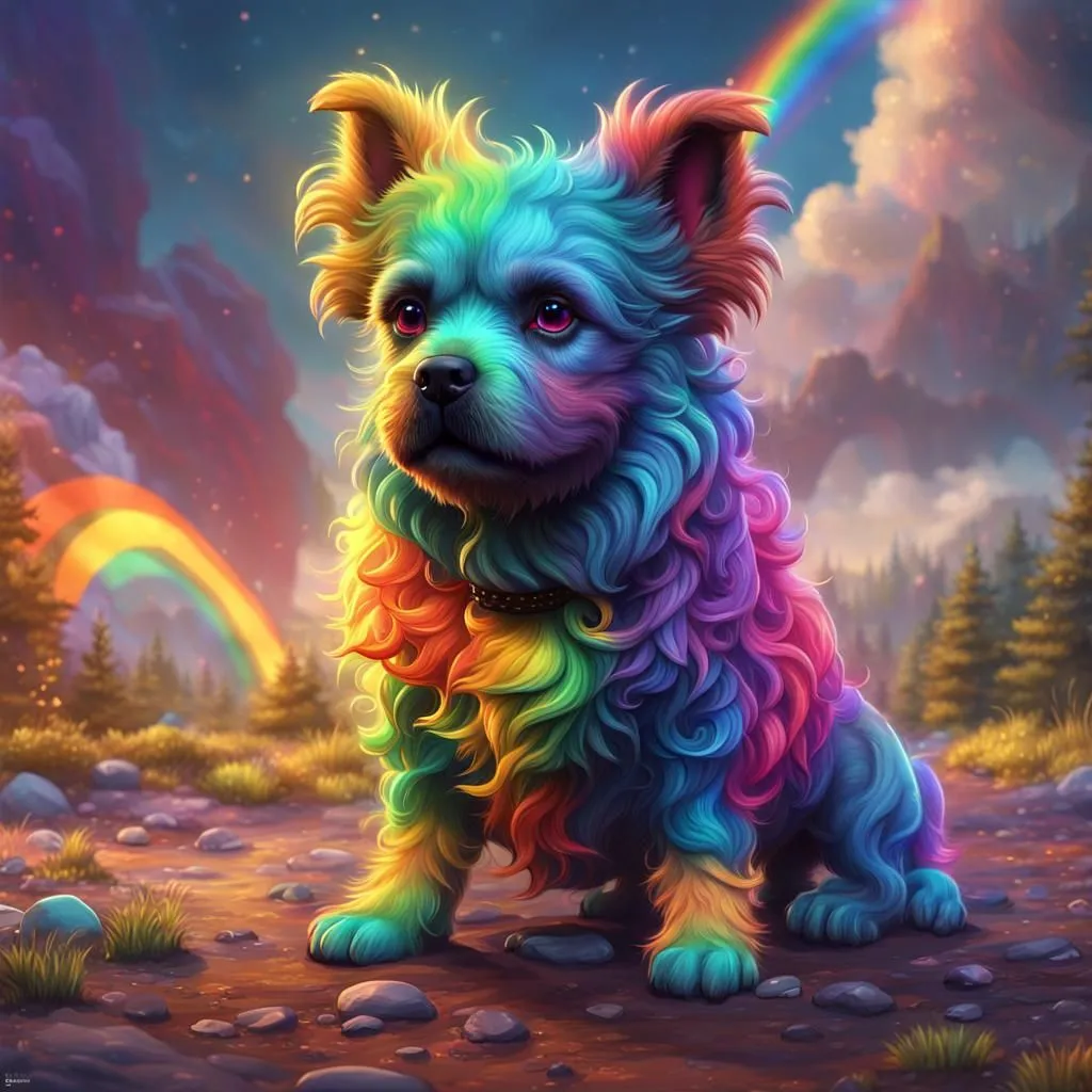 A multi-colored dog is sitting on the ground in front of a rainbow. The dog has long, fluffy fur that is all different colors of the rainbow. Its eyes are a deep blue, and it has a black nose. The dog is wearing a black collar with a gold tag. The background of the image is a forest with two rainbows in the sky.