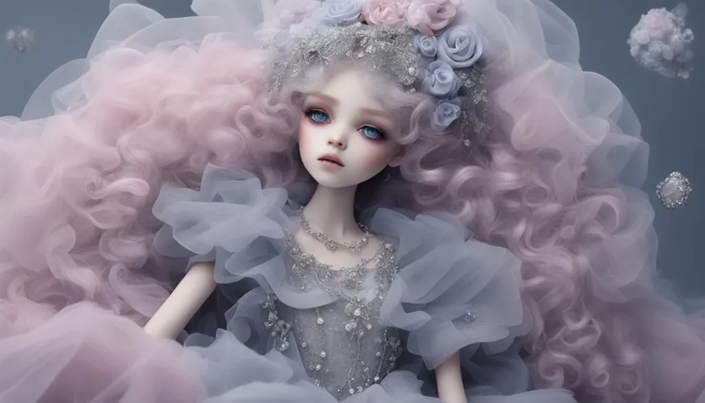 This is a picture of a doll with long pink and white hair, blue eyes, and a silver dress with a pink sash and a necklace. The background is light blue with some small pink and white objects floating around. The doll is sitting on a pink and white cloud.