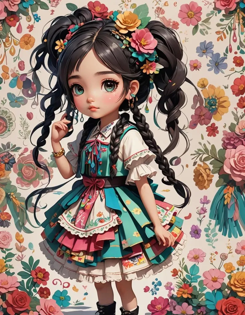 The little girl wears a colorful dress with a white apron. Her long black hair is braided and decorated with pink and yellow flowers. There are many flowers in her background, too. She has big brown eyes and a small nose. She is smiling and looks very happy.