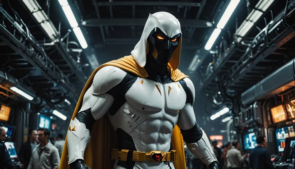 The image is of a superhero wearing a white and gold suit. The superhero is standing in a dark room with a lot of machinery. The superhero is looking at the camera with a serious expression. The superhero has a yellow cape and a white mask with a yellow crescent moon on the forehead. The superhero is wearing a utility belt with a yellow buckle. The superhero's hands are covered in white gloves. The superhero's boots are white with yellow soles.