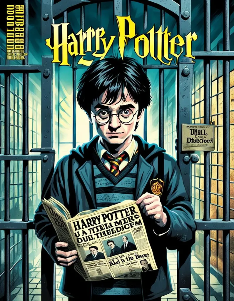 The picture shows Harry Potter, a boy wizard, wearing glasses and a Hogwarts uniform. He is standing in front of a barred door, holding a newspaper with the headline \