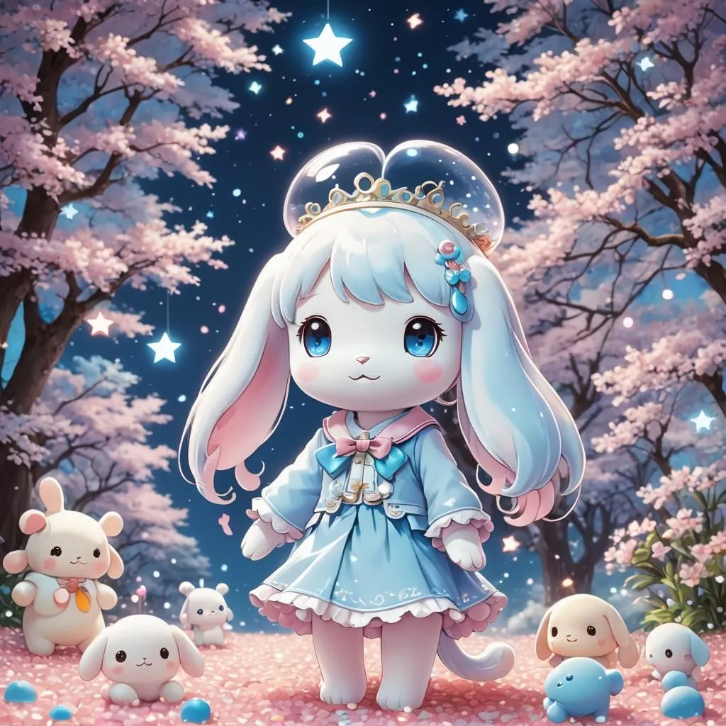 The image is of a cute anime girl with white hair and blue eyes. She is wearing a blue dress with a white collar and a pink bow. She is also wearing a crown on her head and has a star-shaped wand in her hand. She is standing in a field of pink flowers and there are many cute animals around her. The background is a night sky with many stars. The image is very cute and colorful.