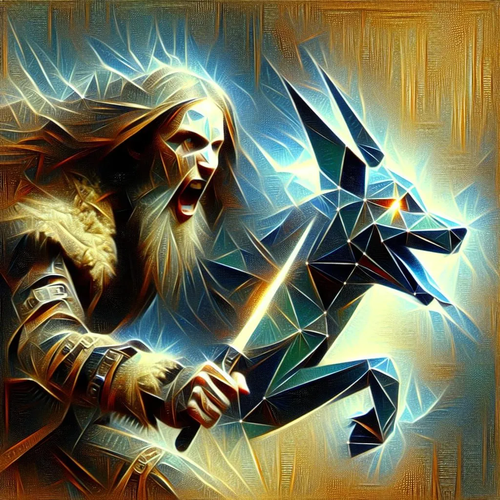 A fierce warrior charges into battle with his loyal wolf companion at his side. The warrior is dressed in furs and leather, and his face is contorted in a battle cry. His wolf companion is snarling and baring its teeth, ready to attack. The background is a swirling mass of colors, representing the chaos of battle.