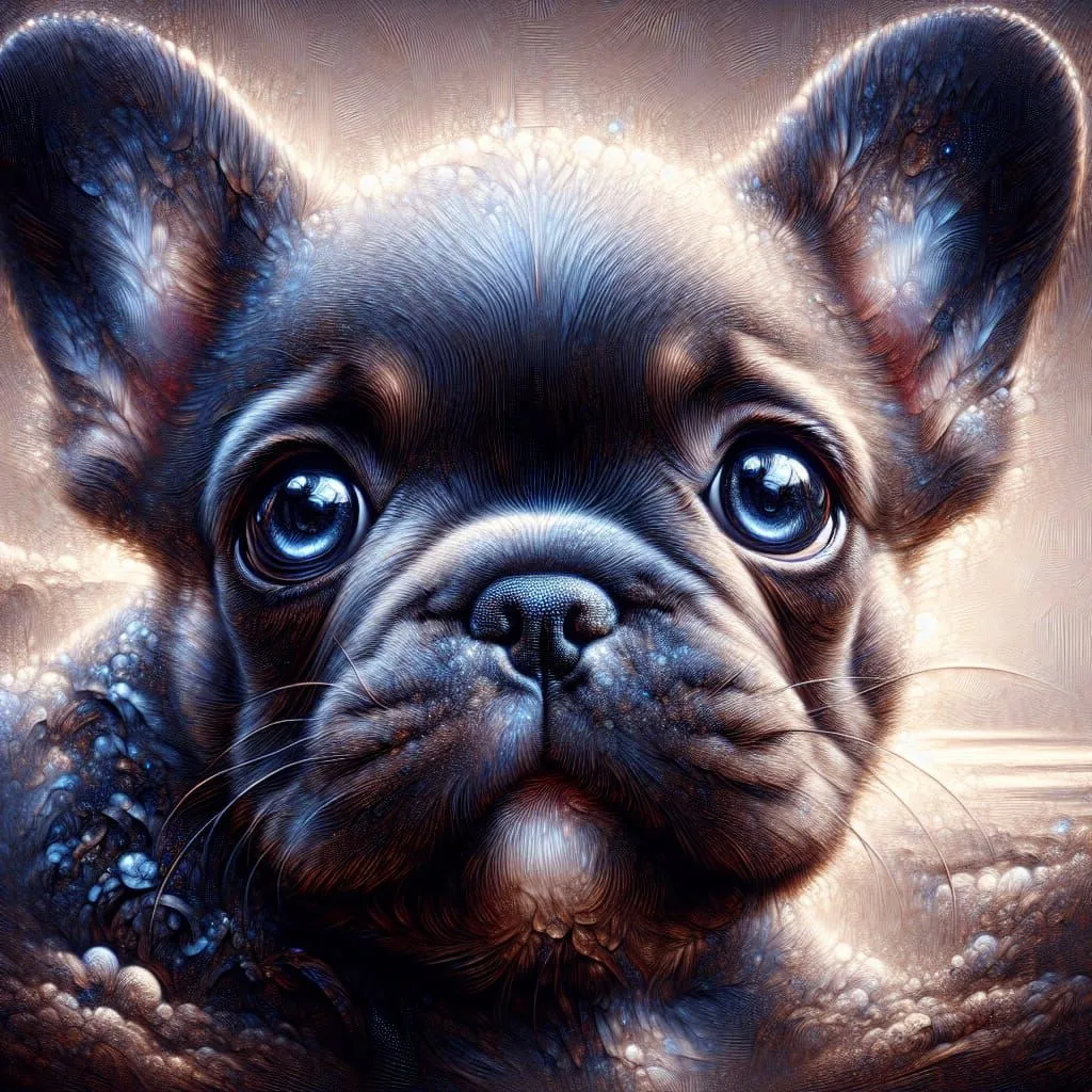 The image shows a cute puppy with big blue eyes and a black nose. The puppy has short, brown fur and is looking up at the viewer with a curious expression. The background is a soft, light blue color. The puppy is in focus and is very detailed.