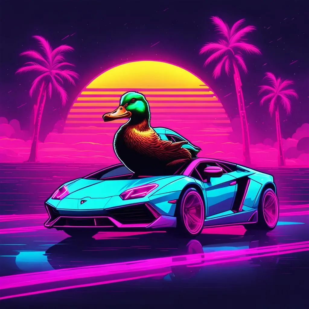 This is a picture of a duck driving a blue Lamborghini Countach. The duck is wearing sunglasses and has a cigar in its mouth. The car is driving on a road with palm trees on either side. The sun is setting in the background. The sky is a gradient of purple and pink.