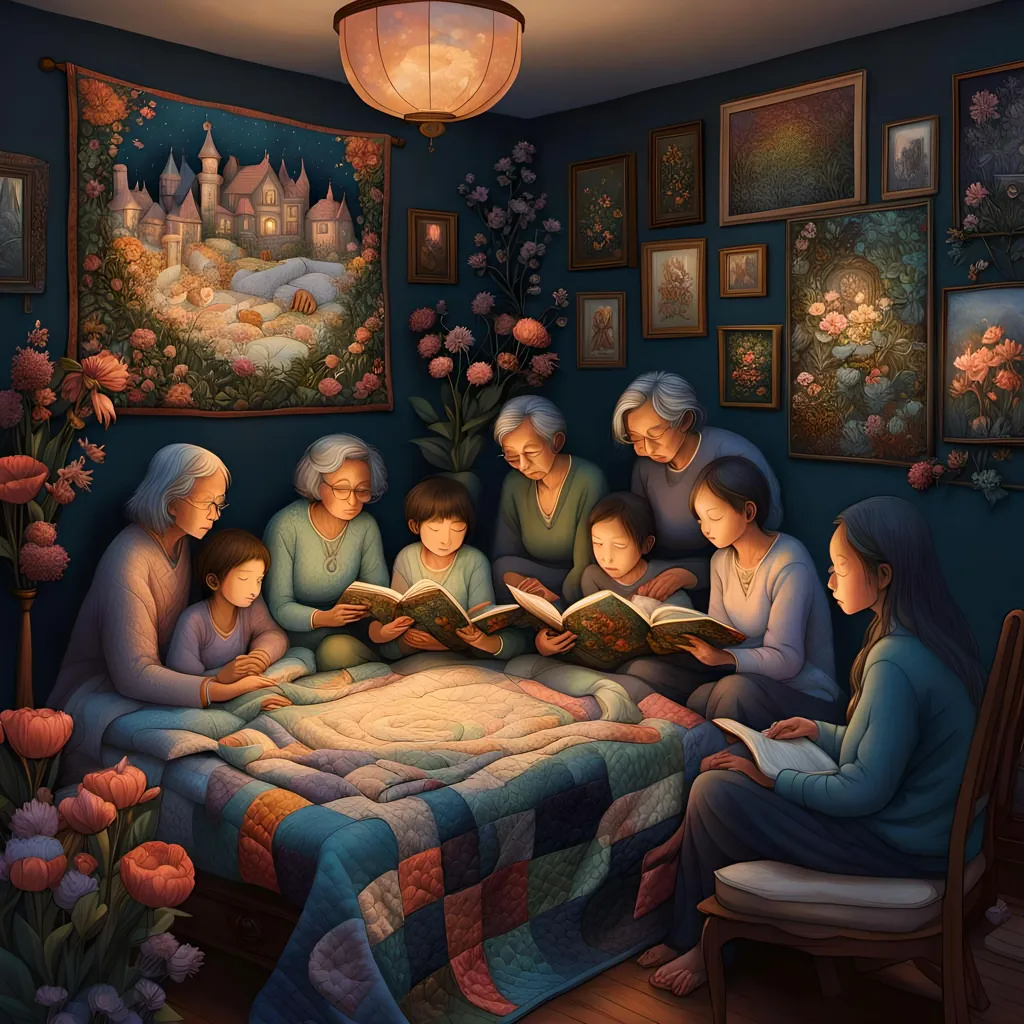 The image shows a group of people in a room, sitting on a bed and reading books. There are four adults and three children. The adults are all women, and they are all wearing dresses. The children are two girls and a boy. The boy is sitting on the bed, and the two girls are sitting on either side of him. The women are all reading books, and the children are also reading books. The room is decorated with flowers and paintings. There is a lamp on the table, and there are flowers on the floor. The image is温馨的，因为它描绘了一个家庭在一起阅读的场景。