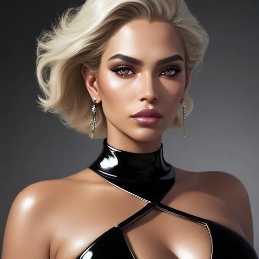 The image shows a beautiful woman with short blonde hair and dark eyes. She is wearing a black latex dress with a plunging neckline. Her makeup is flawless and her skin is smooth and radiant. She is looking at the viewer with a confident and seductive expression.