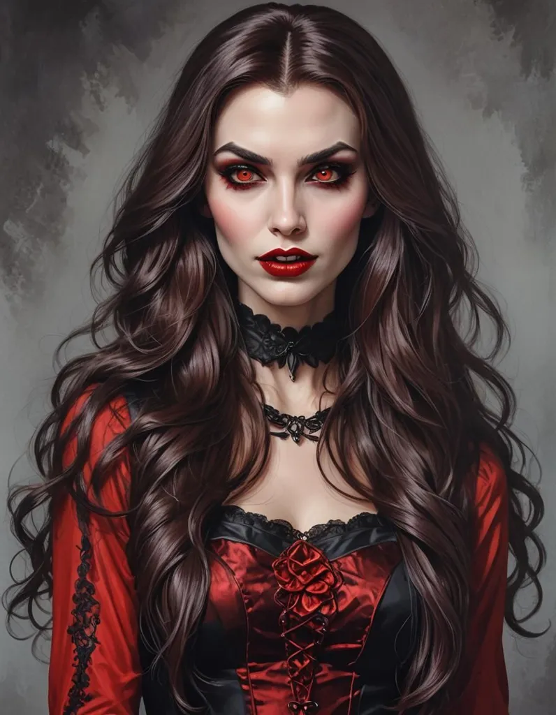 This image shows a beautiful woman with long, dark hair and red eyes. She is wearing a red dress with a black corset. Her skin is pale and flawless. She is looking at the viewer with a seductive expression.