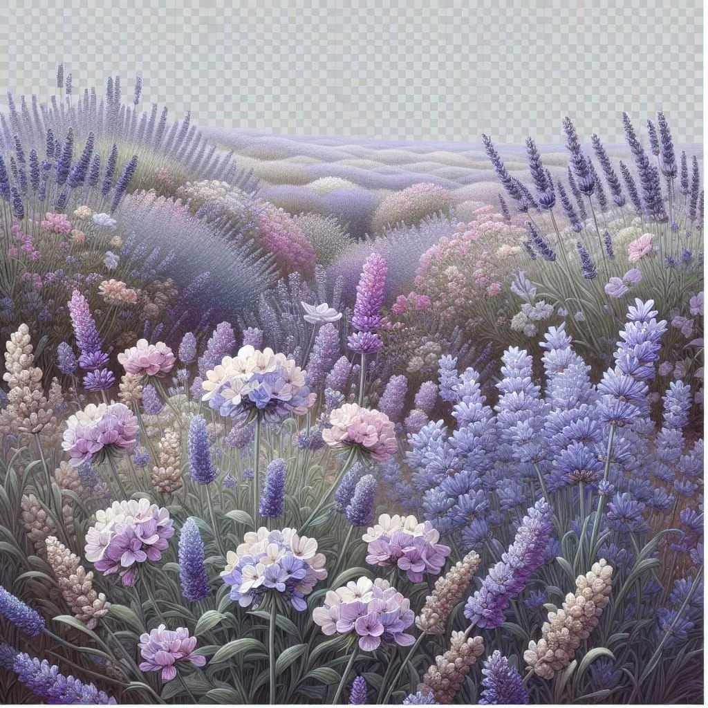 The image is of a field of lavender flowers. The flowers are in shades of purple, pink, and white, and they are arranged in a haphazard way. The field is surrounded by a low hedge, and there are trees in the distance. The image has a warm and inviting atmosphere, and it is reminiscent of a summer day.