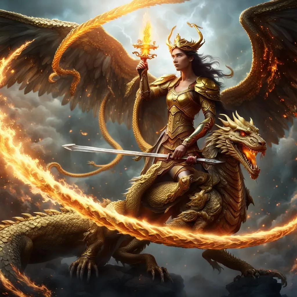 A golden-armored warrior woman is riding on a golden dragon. The woman is holding a sword and a torch. The dragon is breathing fire. They are both flying in a stormy sky.