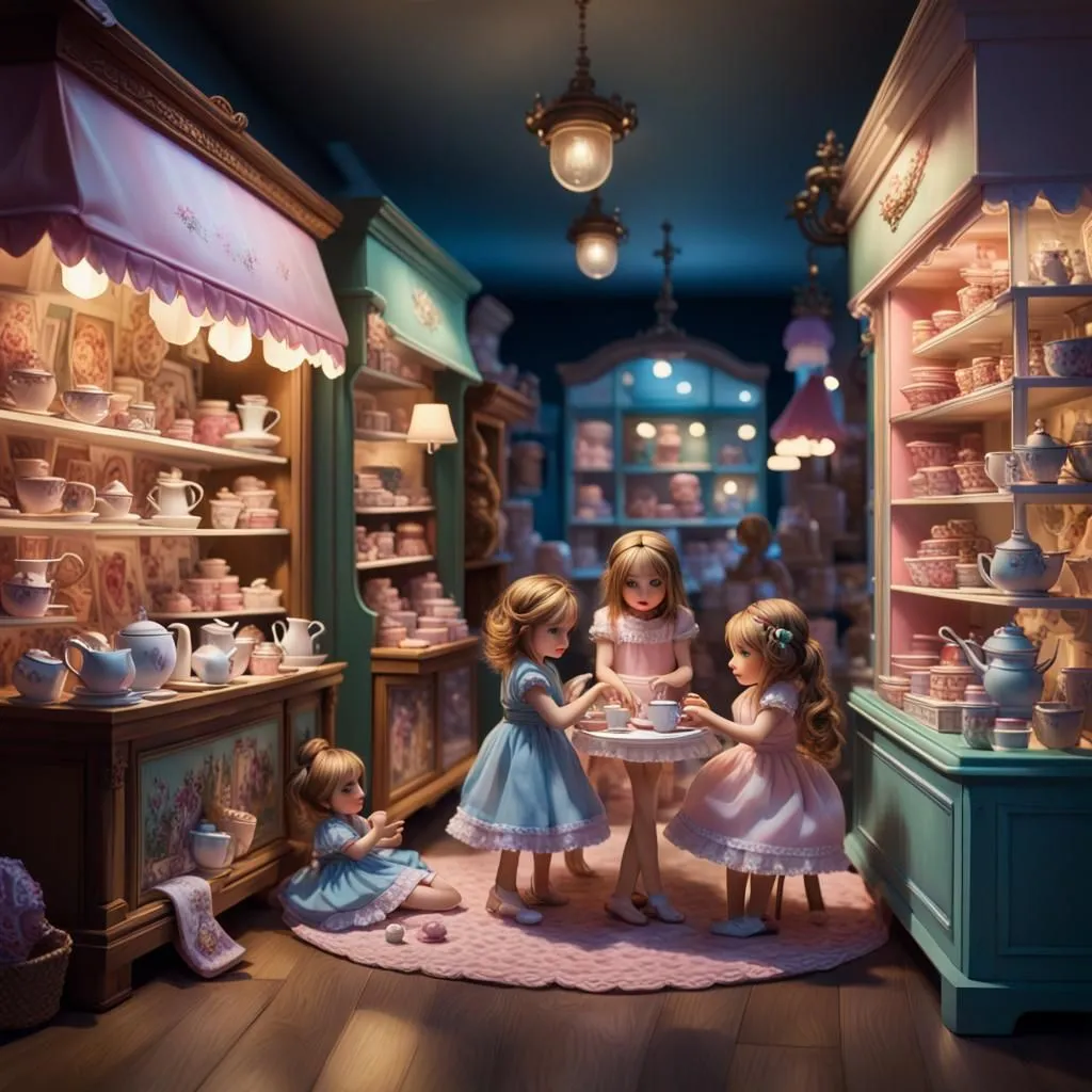 Four little girls are playing in a beautiful toy store. They are surrounded by shelves of toys and are having a tea party. The girls are wearing pretty dresses and are all smiling and laughing. The store is lit by warm, inviting lights. The overall effect is one of happiness and innocence.