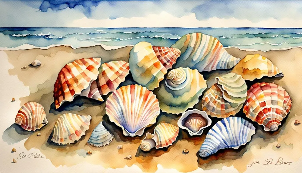 This is a watercolor painting of a variety of seashells on the beach. The shells are painted in an almost mosaic-like pattern with bright colors and patterns. The background of the painting is a blue ocean with white waves crashing on the beach. The painting has a very summery, beachy feel to it.