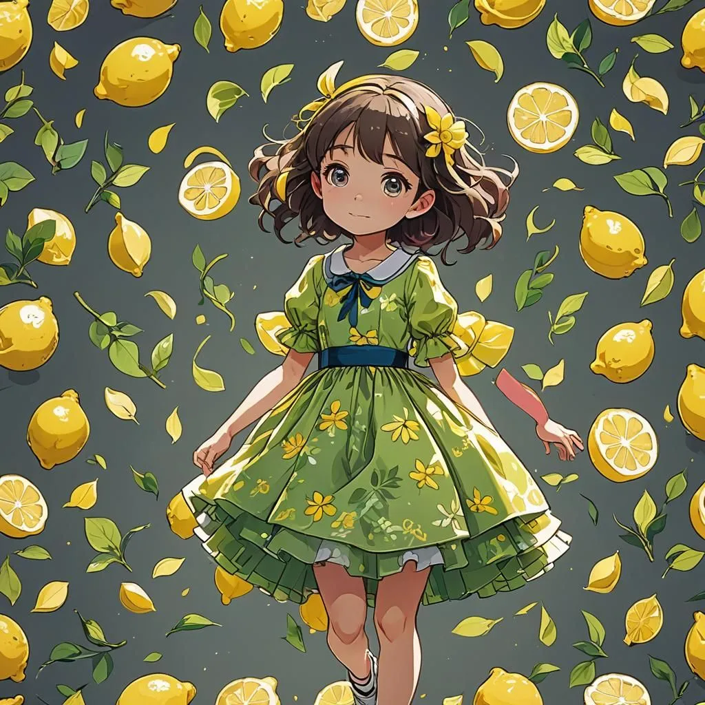 There is a cute anime girl in a green dress with yellow flower patterns. The background is filled with lemons and leaves. The girl has brown hair and brown eyes. She is smiling.