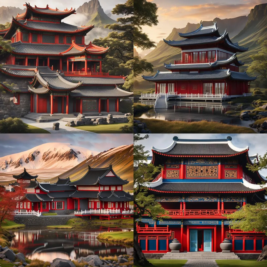 The image shows four different Chinese-style buildings. The buildings are all surrounded by beautiful scenery, including mountains, trees, and water. The buildings are all made of wood and have red roofs. They are all very ornate and have a lot of detail.