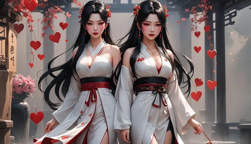 The picture shows two beautiful women in white and red traditional Chinese dresses with long black hair. They are standing in a courtyard with red lanterns and pink flowers. The background is a Chinese-style building. The overall picture is very beautiful and has a strong Chinese style.