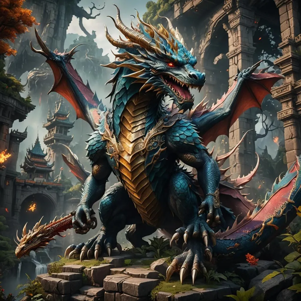 A magnificent blue dragon with golden horns and armor is perched on a rock in front of an ancient Chinese temple. The dragon's wings are outstretched, and its tail is curled around its body. Its eyes are narrowed, and its mouth is open, baring its sharp teeth. The dragon is surrounded by flames.