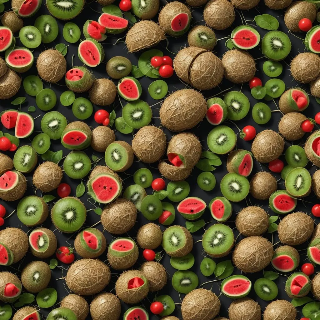 This is a digital image of a variety of fruits. The image features several types of fruit, including watermelons, kiwis, and coconuts. The fruits are arranged in a visually appealing way and the colors of the fruits contrast nicely against a black background.