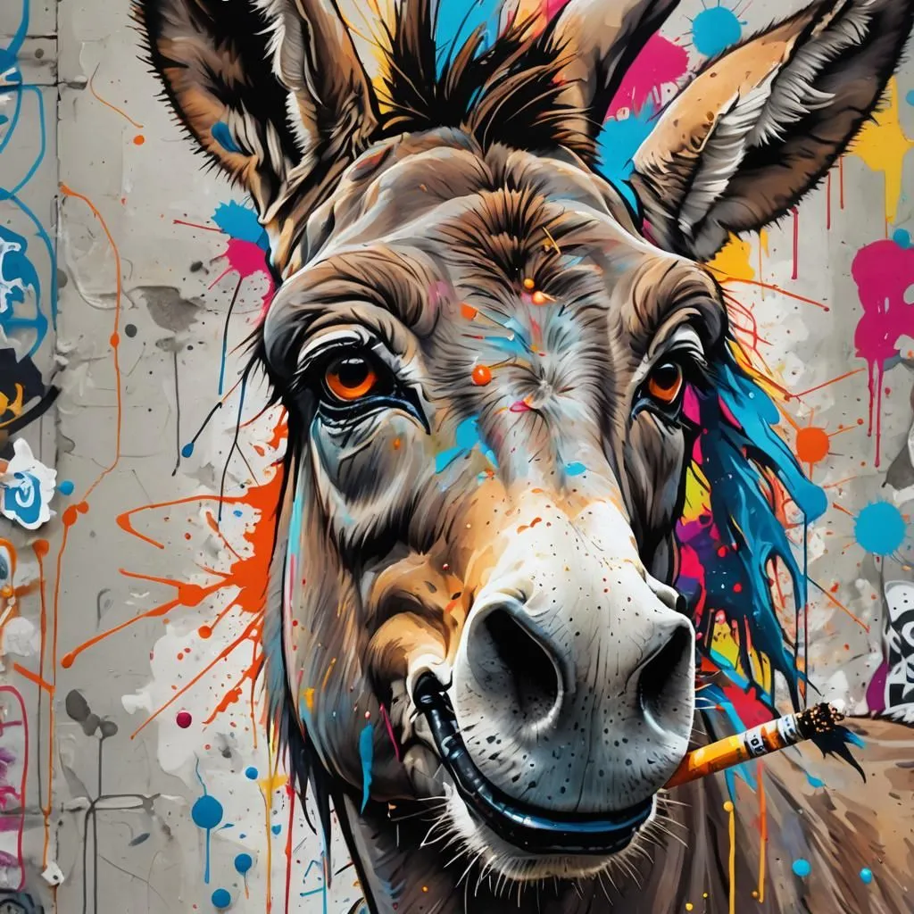 A graffiti of a donkey smoking a cigarette. The donkey is depicted in a realistic style, with its fur and wrinkles rendered in detail. The background is a colorful abstract, with bright splashes of paint. The donkey is wearing a gold necklace and has a gold tooth. The cigarette is held in its mouth by its teeth. The donkey has a mischievous expression on its face, as if it is enjoying the cigarette.