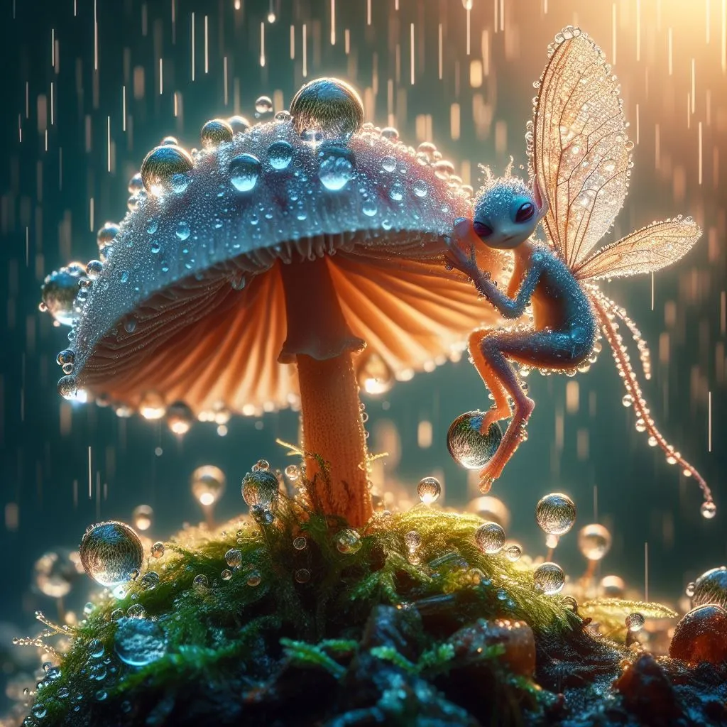 A beautiful妖精sits on a mushroom in the rain. The 妖精 is wearing a blue dress and has long, flowing hair. The mushroom is red and white, and the raindrops are glistening on its surface. The 妖精 looks up at the rain with a peaceful expression on its face.