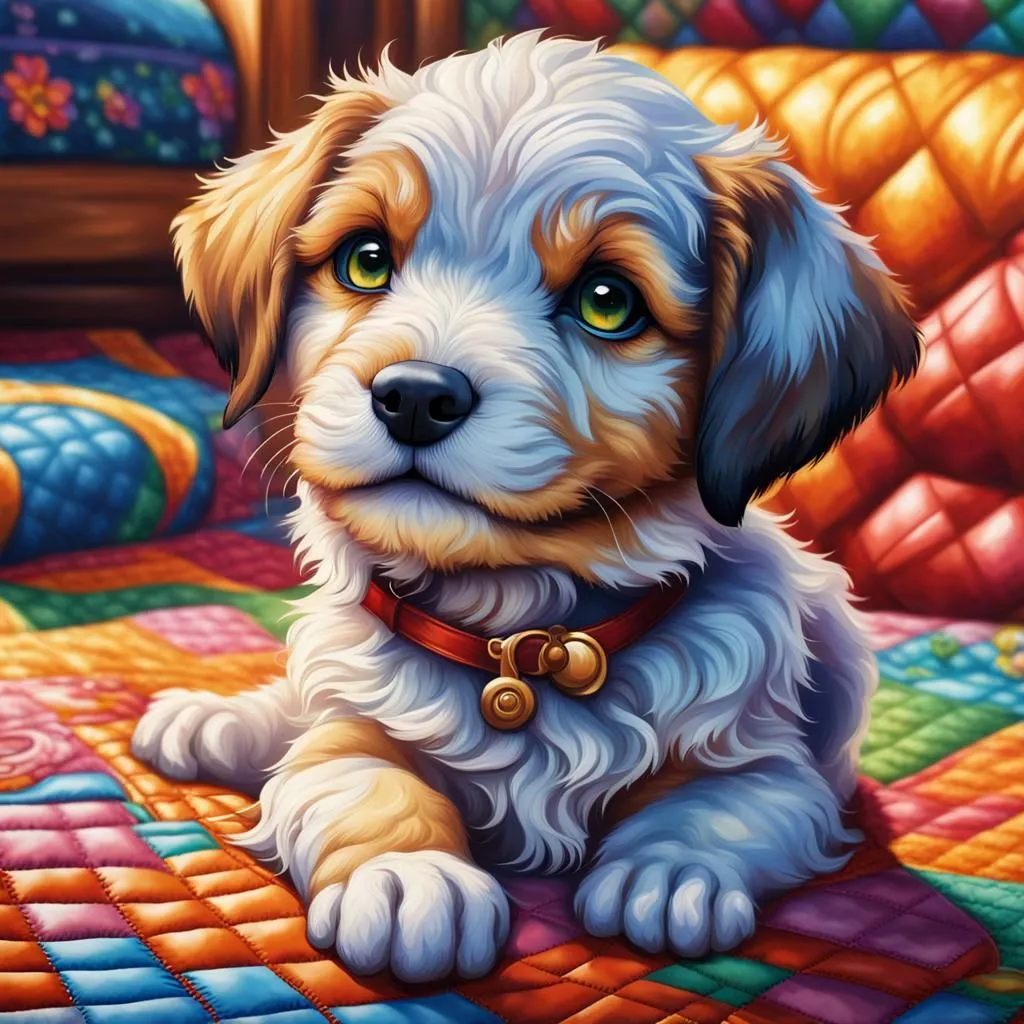 The image shows a cute puppy dog with big green eyes and a white, brown, and yellow coat. It is sitting on a colorful patchwork quilt and looking up at the viewer with a curious expression. The puppy has a red collar with a bell on it. The background of the image is blurry and consists of warm colors. The overall tone of the image is happy and inviting.