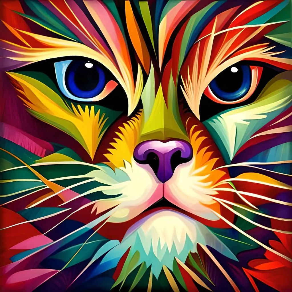 This is a painting of a cat. The cat's face is very colorful. The colors are bright and saturated. The cat's eyes are blue and its nose is pink. The cat's fur is a rainbow of colors, including red, orange, yellow, green, blue, and purple. The painting has a modern and abstract feel to it.