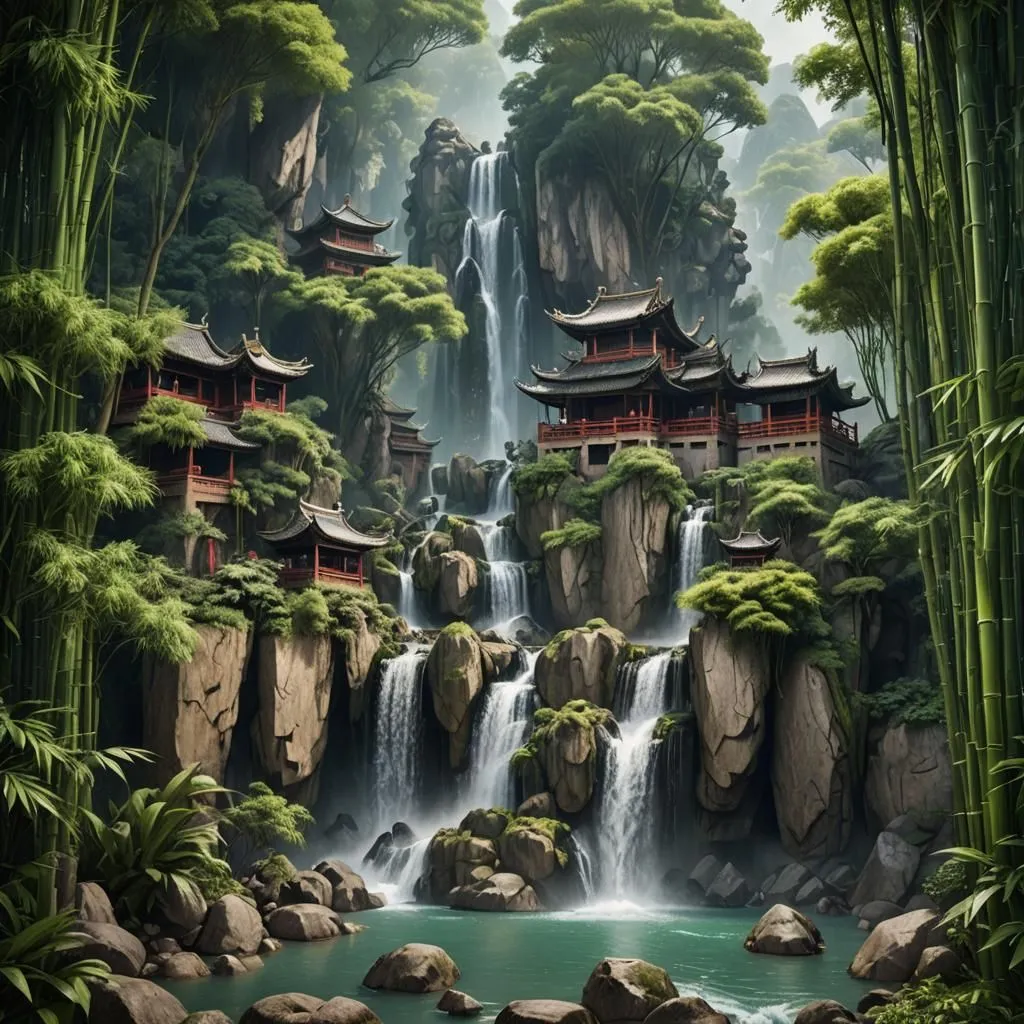 A beautiful waterfall in a lush green forest. The water cascades over a series of rocks, creating a stunning scene. The forest is filled with lush vegetation, including bamboo and ferns. There are several buildings on the cliffs near the waterfall. The buildings are made of wood and have red roofs. The scene is peaceful and serene.