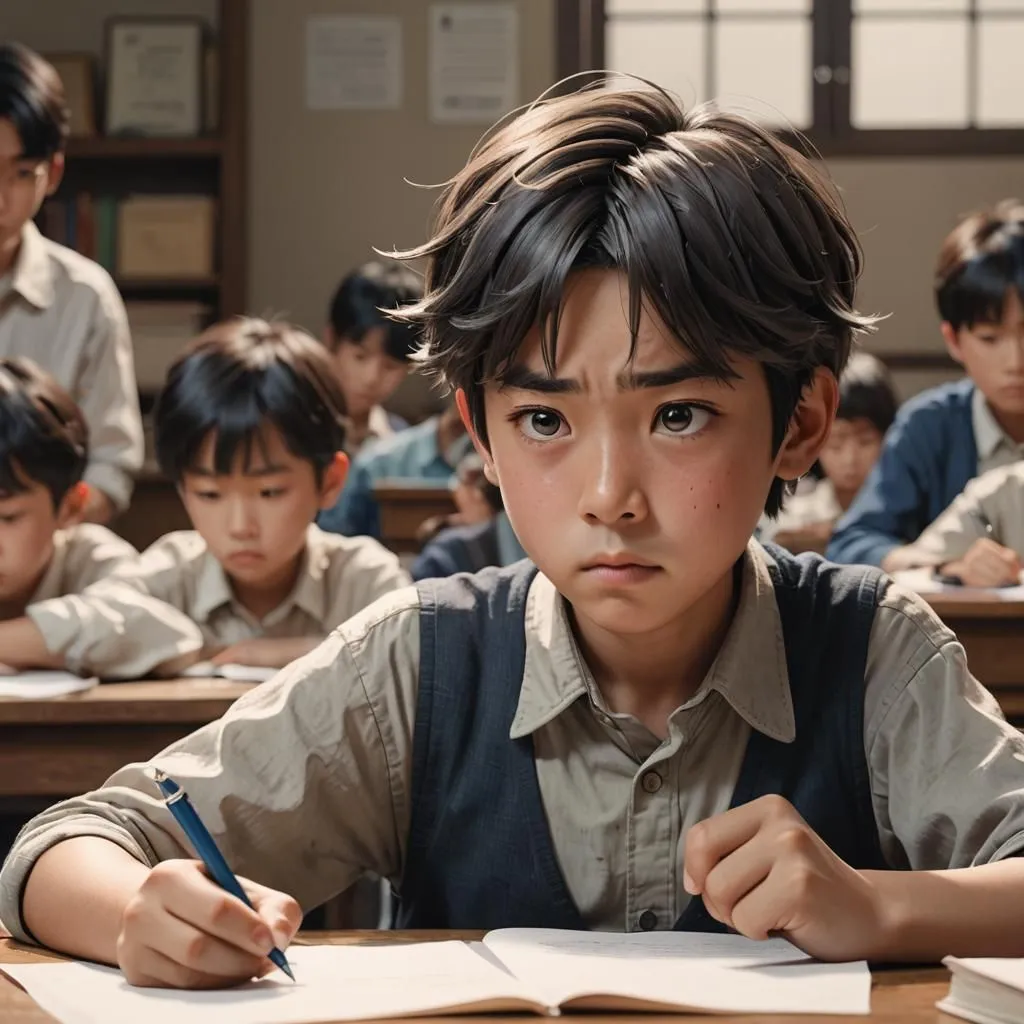 A young boy is sitting in a classroom, taking a test. He is looking down at his paper, concentrating on the questions. He has a worried look on his face, and it is clear that he is feeling stressed. The boy is wearing a white shirt and a black vest. He has short brown hair and brown eyes. The classroom is full of other students, all of whom are also taking the test. The teacher is sitting at the front of the room,監考.