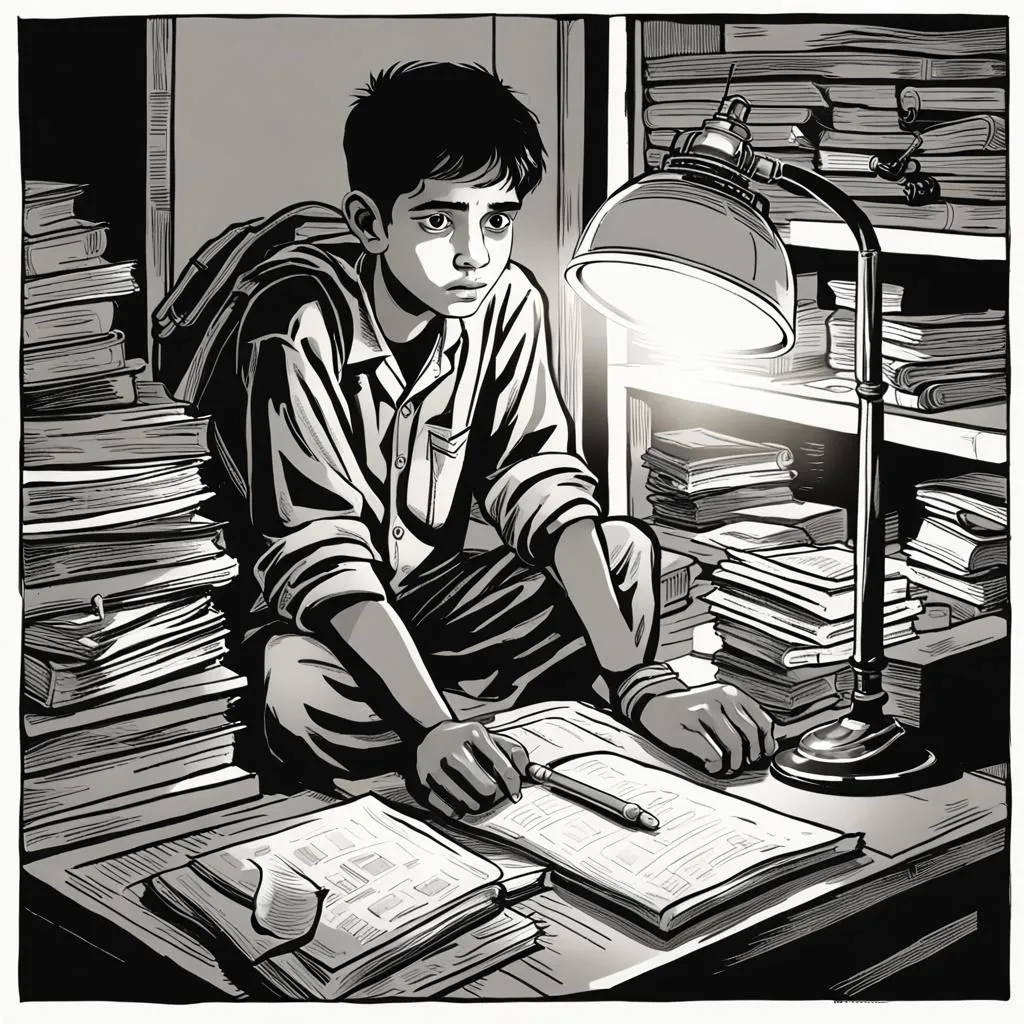 A boy is sitting at a desk, surrounded by books and papers. He is holding a pen and looking at a book. There is a lamp on the desk, and a shelf full of books behind him. The boy is wearing a backpack, and he looks tired. He is probably studying for an exam.