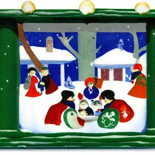 It is a winter scene. The ground is covered with snow. There are some trees and houses in the background. Some children are playing in the snow. They are wearing warm clothes. The children are having a snowball fight. One child is building a snowman. The others are making snow angels. They are all having a lot of fun.