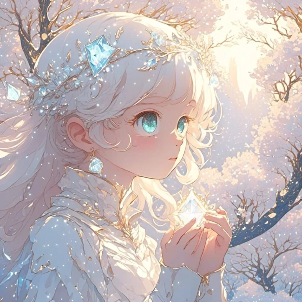 The picture shows a beautiful girl with long white hair and blue eyes. She is wearing a white dress and a crown made of ice and diamonds. The girl is standing in a snowy forest, and she is holding a snowflake in her hand. The sun is shining through the trees, and it is creating a beautiful sparkle on the snow. The girl is looking at the snowflake in her hand, and she is smiling. She is happy and content, and she is enjoying the beauty of the winter day.